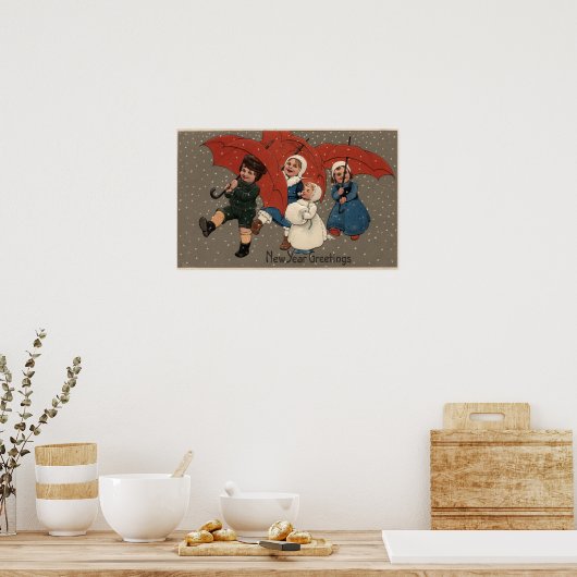 Kleine Kinderen met paraplu's Poster (Keuken)