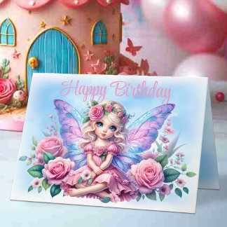 Kleine kinderfee in roze jurk en Rozen Verjaardag Kaart