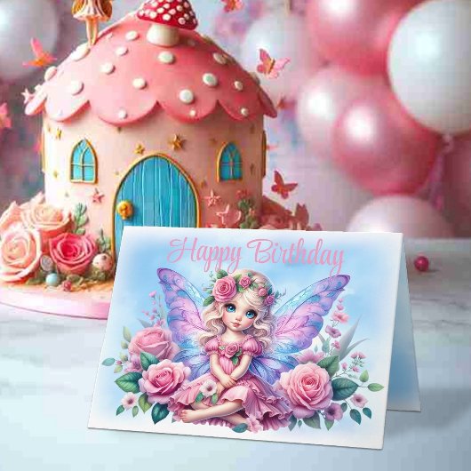 Kleine kinderfee in roze jurk en Rozen Verjaardag Kaart