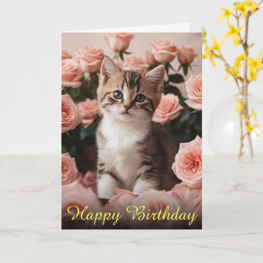 Kleine Kitten en Sweet Spring Rozen Kaart (Gele Bloem)