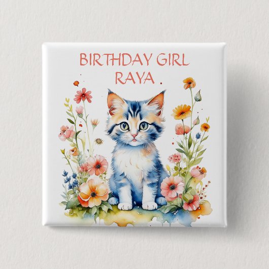 Kleine Kitten Meisje Verjaardagsfeestje Gepersonal Vierkante Button 5,1 Cm (Voorkant)