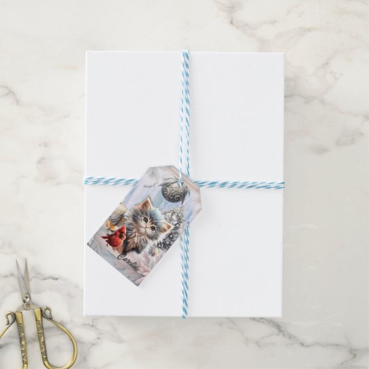 Kleine kitten met vogel. cadeaulabel (Met Touw)