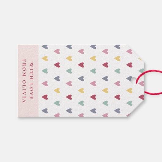 Kleine kleurrijke aangepaste naam en kleur harten cadeaulabel (Voorkant (Horizontaal))