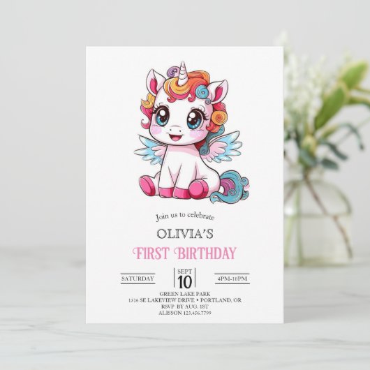 Kleine Kleurrijke Digitale Eenhoorn 1e Verjaardag Kaart (Staand voorkant)