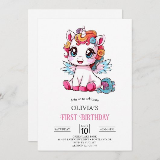 Kleine Kleurrijke Digitale Eenhoorn 1e Verjaardag Kaart (Voorkant / Achterkant)