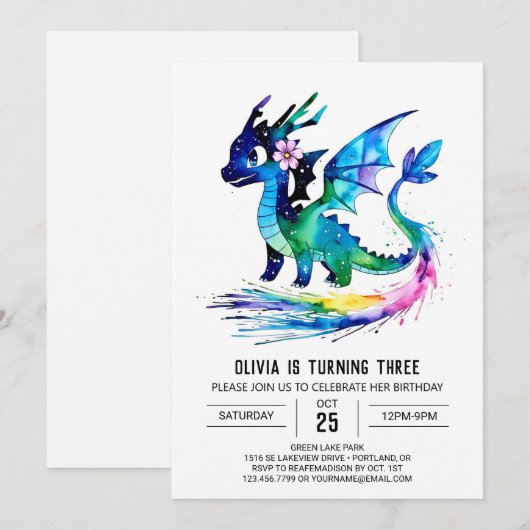 Kleine Kleurrijke Dragon Digitale Meisje Verjaarda Kaart (Voorkant / Achterkant)