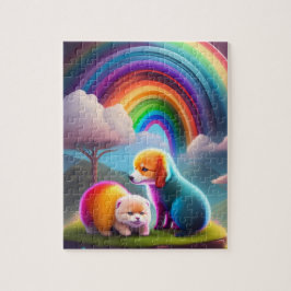 Kleine kleurrijke honden in een magisch bos legpuzzel