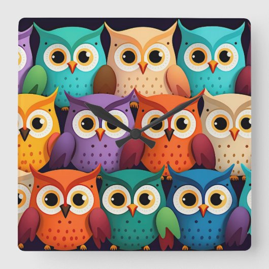 Kleine kleurrijke uilen vierkante klok (Voorkant)
