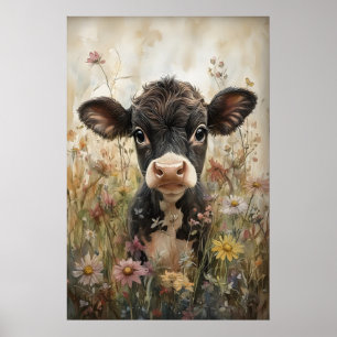 Kleine koe in wilde bloemenprint, kalf Pasen Poster