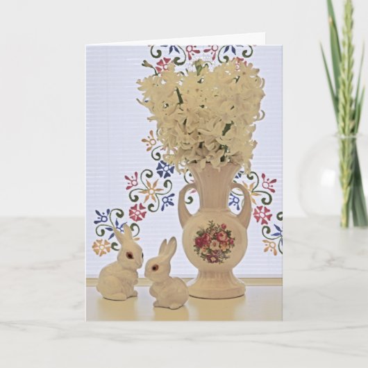 Kleine konijntjes en vaas feestdagen kaart (Voorkant)