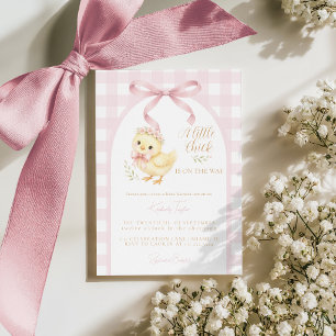Kleine Kuiken Boog Roze Gingham Meisje Baby Shower Kaart