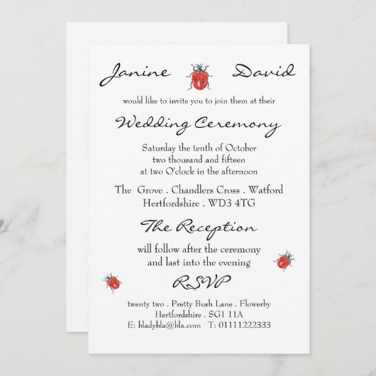 Kleine Ladybird/Ladybug Wedding Invitation Kaart (Voorkant / Achterkant)