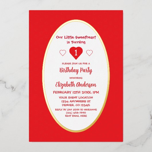 Kleine liefje 1e verjaardag folie uitnodiging (Voorkant)