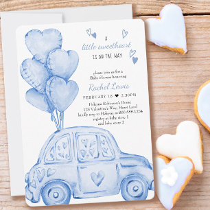 Kleine liefje blauwe auto en ballon Baby shower Kaart