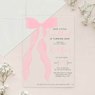Kleine Liefste Elegante Roze Strik Verjaardagsfees Acryl Uitnodigingen