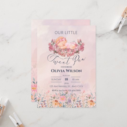 Kleine lieve erwt | Schattige Pink Flowers Baby sh Kaart (Voorkant / Achterkant in situ)