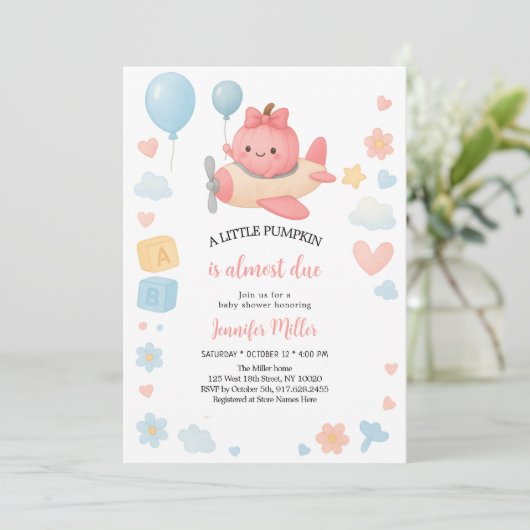 Kleine lieve roze pompoen meisje baby shower kaart (Staand voorkant)