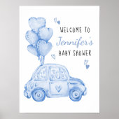 Kleine lieverd blauwe auto en ballonnen welkom poster (Voorkant)