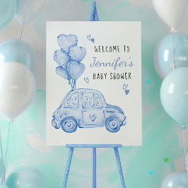 Kleine lieverd blauwe auto en ballonnen welkom poster