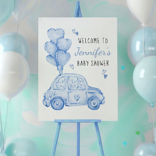 Kleine lieverd blauwe auto en ballonnen welkom poster