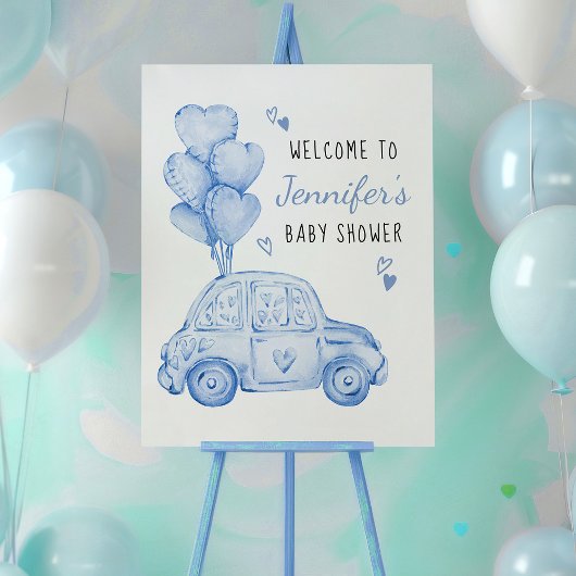 Kleine lieverd blauwe auto en ballonnen welkom poster