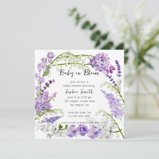 Kleine lila en paarse bloemen baby shower kaart (Staand voorkant)