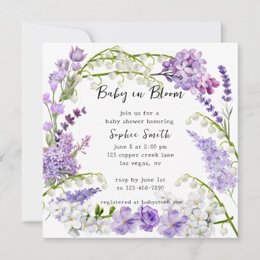 Kleine lila en paarse bloemen baby shower kaart (Voorkant)