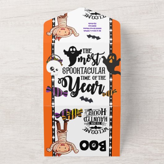 Kleine magere monsters kinder halloween verjaardag all in one uitnodiging (Buitenkant)