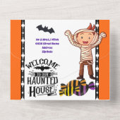 Kleine magere monsters kinder halloween verjaardag all in one uitnodiging (Achterkant)