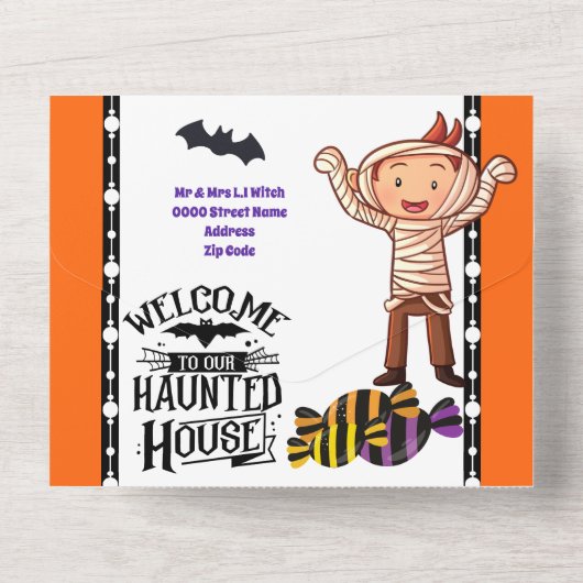 Kleine magere monsters kinder halloween verjaardag all in one uitnodiging (Achterkant)