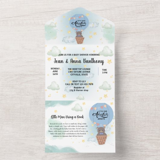 kleine man avontuur wacht baby shower all in one uitnodiging (Binnen)