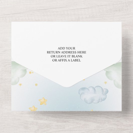 kleine man avontuur wacht baby shower all in one uitnodiging (Achterkant)