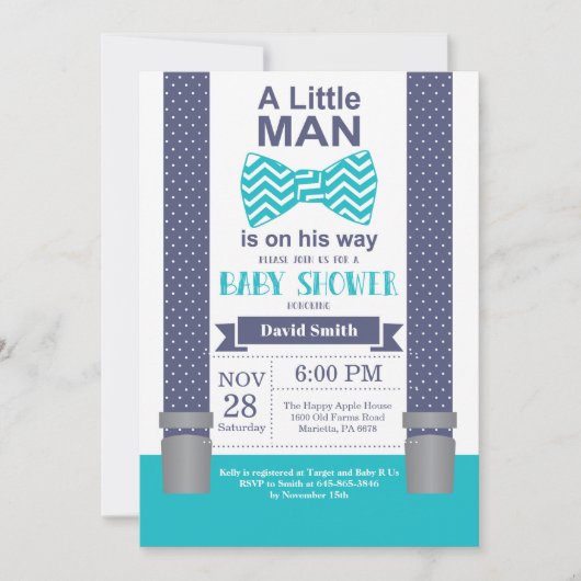 Kleine Man Baby shower Invitation Navy Blauwgroen  Kaart (Voorkant)