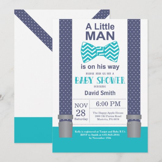 Kleine Man Baby shower Invitation Navy Blauwgroen  Kaart (Voorkant / Achterkant)