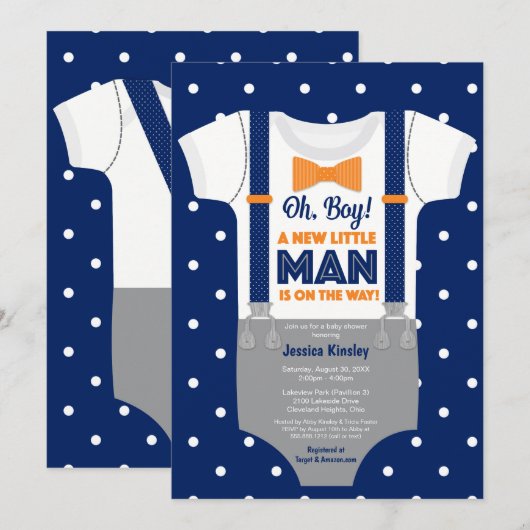 Kleine Man Baby shower, marineblauw en Oranje Kaart (Voorkant / Achterkant)