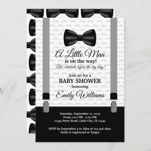 Kleine Man Baby shower nodigt Bow Stropdas Shower  Kaart (Voorkant / Achterkant)