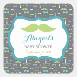 Kleine Man Baby shower Sticker, Blauwgroen, Groen, Vierkante Sticker