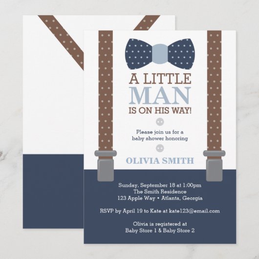 Kleine Man Baby shower uitnodiging, blauw, bruin Kaart (Voorkant / Achterkant)