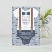Kleine Man Baby shower uitnodiging, blauw, bruin Kaart (Staand voorkant)