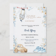 Kleine Man Baby Shower Uitnodiging Blauwe Bloemige
