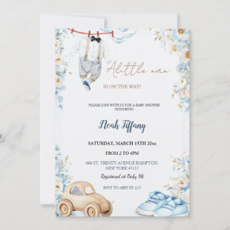Kleine Man Baby Shower Uitnodiging Blauwe Bloemige