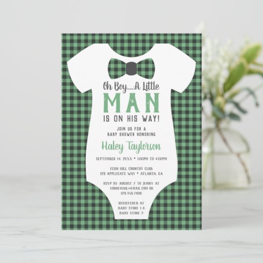 Kleine Man Baby shower uitnodiging, Buffalo Plaid Kaart (Staand voorkant)