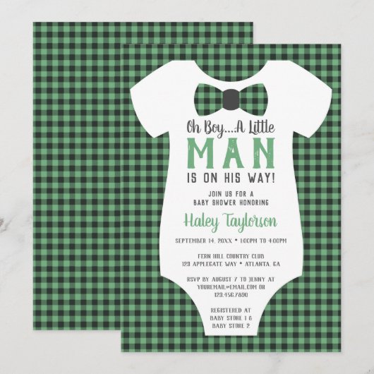 Kleine Man Baby shower uitnodiging, Buffalo Plaid Kaart (Voorkant / Achterkant)