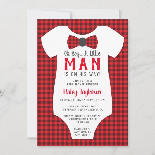 Kleine Man Baby shower uitnodiging, Buffalo Plaid Kaart (Voorkant)