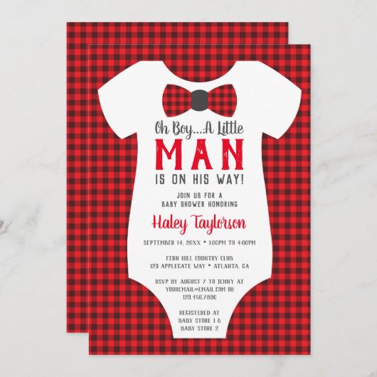 Kleine Man Baby shower uitnodiging, Buffalo Plaid Kaart (Voorkant / Achterkant)