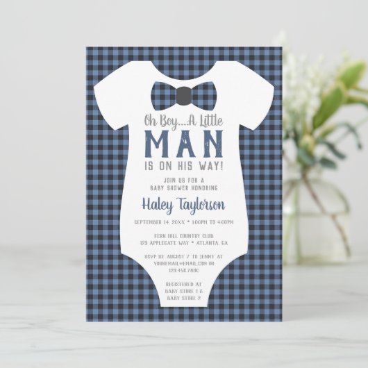 Kleine Man Baby shower uitnodiging, Buffalo Plaid Kaart (Staand voorkant)