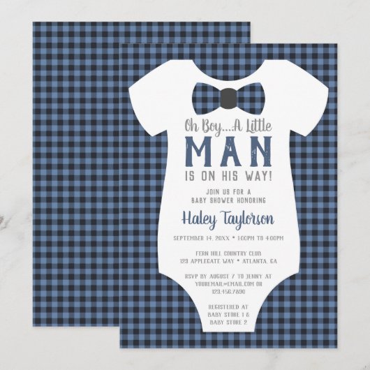 Kleine Man Baby shower uitnodiging, Buffalo Plaid Kaart (Voorkant / Achterkant)