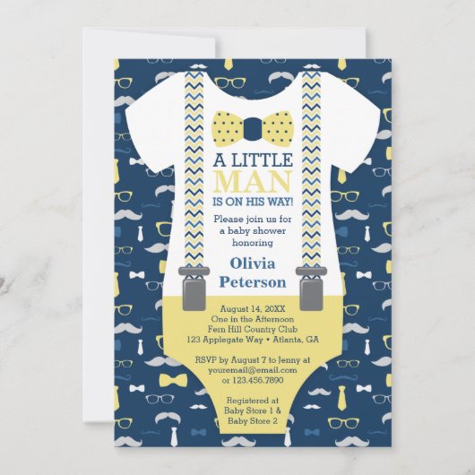 Kleine Man Baby shower Uitnodiging, Geel, Blauw Kaart (Voorkant)