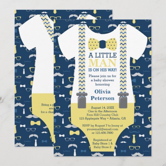 Kleine Man Baby shower Uitnodiging, Geel, Blauw Kaart (Voorkant / Achterkant)