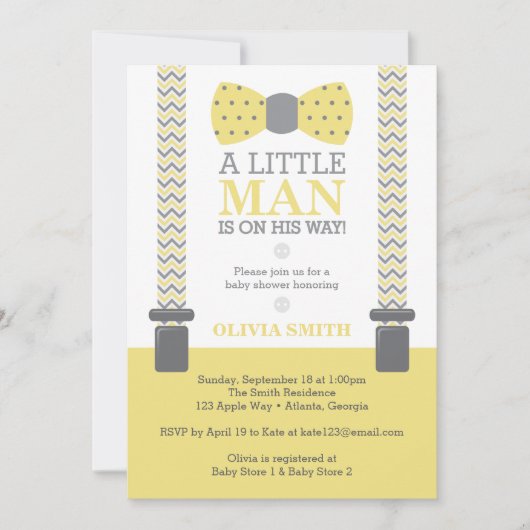 Kleine Man Baby shower uitnodiging, geel, grijs Kaart (Voorkant)